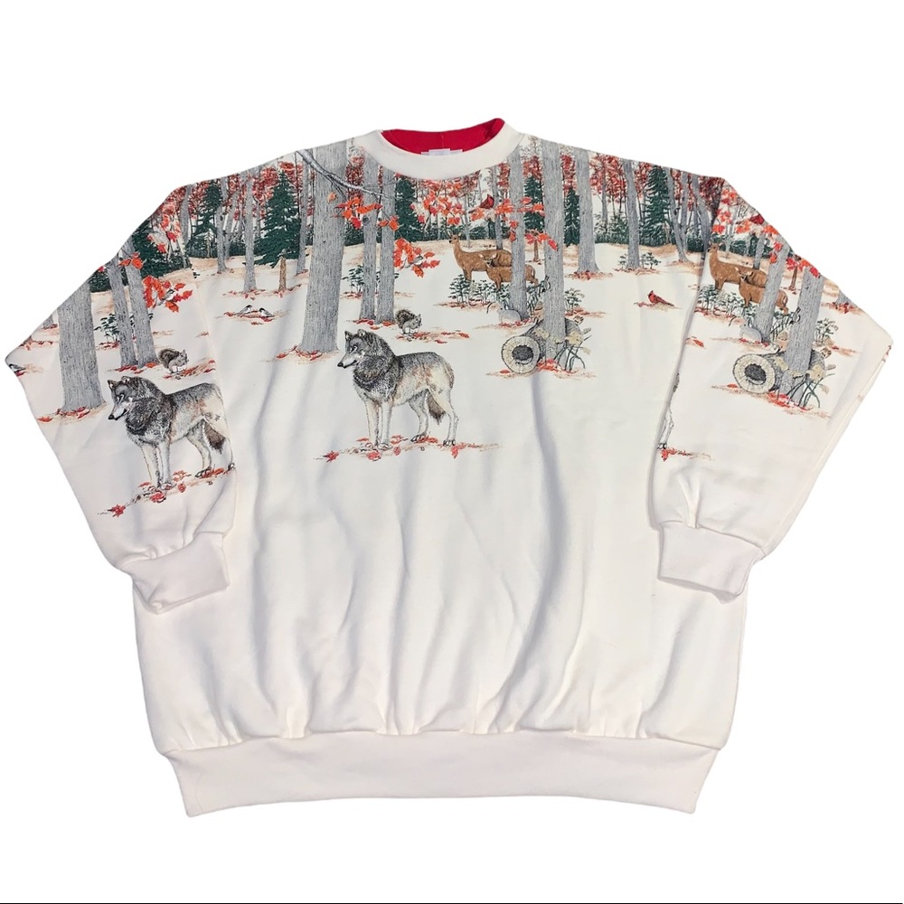 Vintage 90s Artisans Nature Big Print Wolf Deer Fall Autumn All Over Print